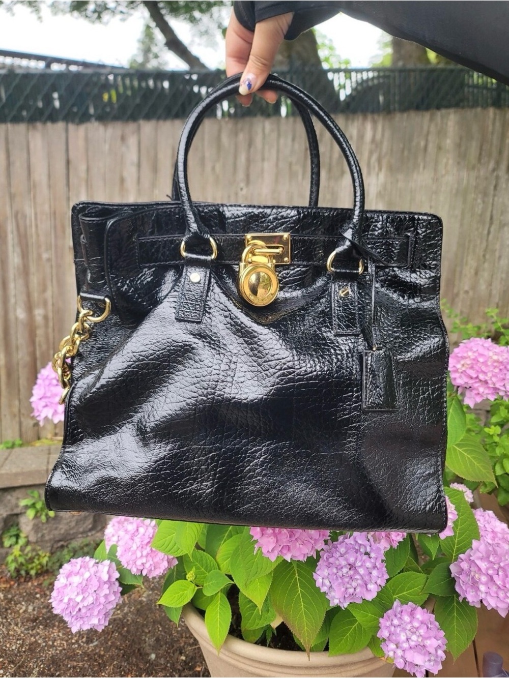 Michael Kors Black Patent Satchel with Gold Hardware